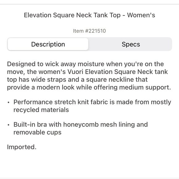 Vuori Elevation Square Neck Tank Size Small - Picture 3 of 3